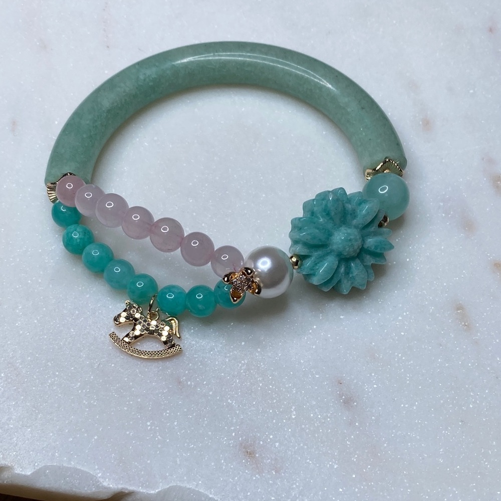 Amazonite Half Bangle Bracelet • Hand-Carved Amazonite Flower & Rose Quartz Duo - Picture 2 of 8